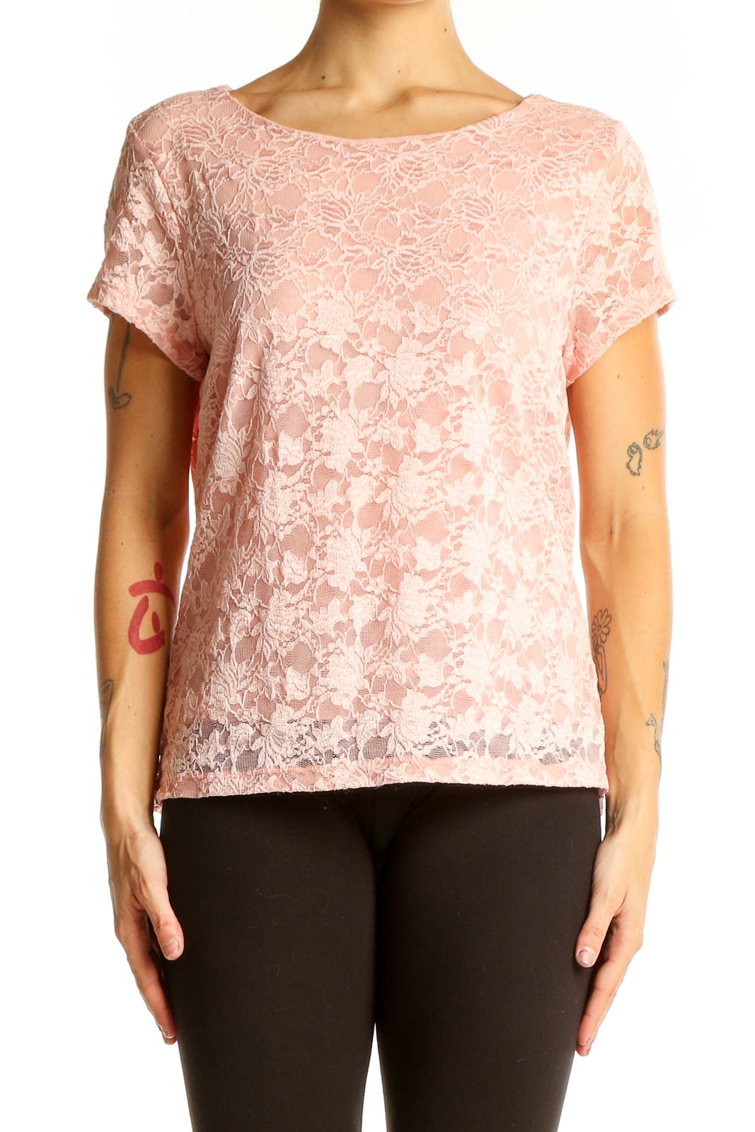 Pink Floral Lace Short Sleeve Top Front