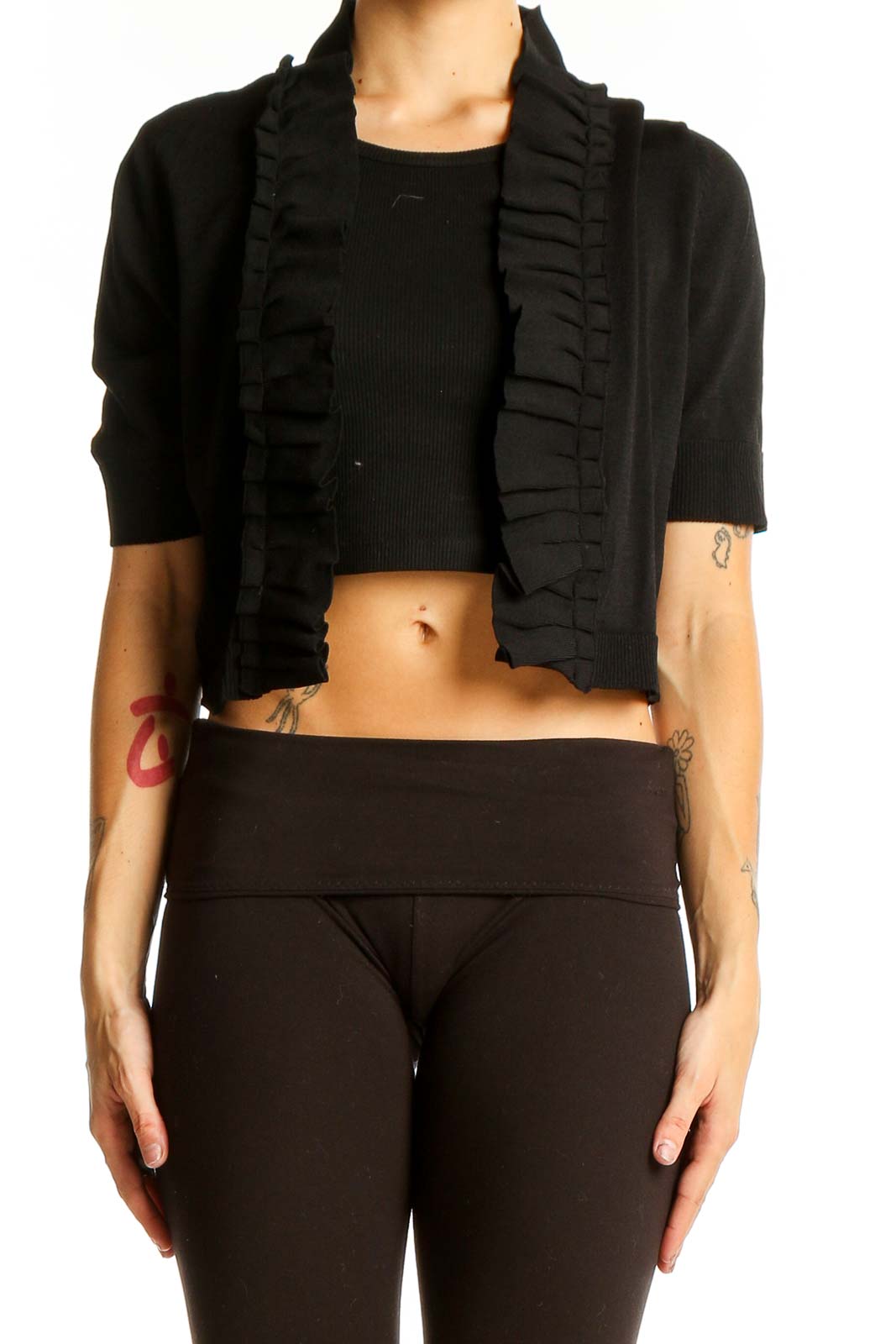Black Ruffled Cropped Cardigan Front