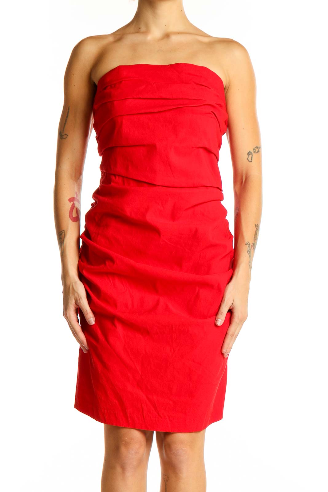 Red Strapless Ruched Cocktail Dress Front