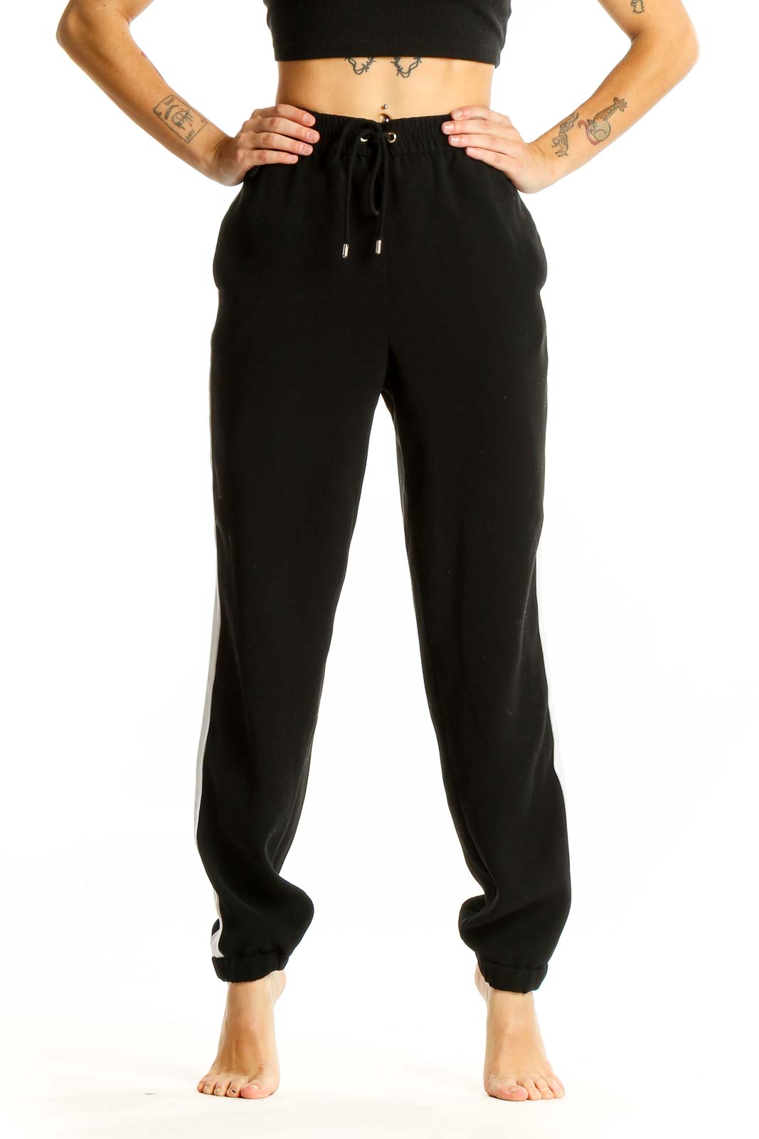 Black Polyester Jogger Pants with White Stripe Front