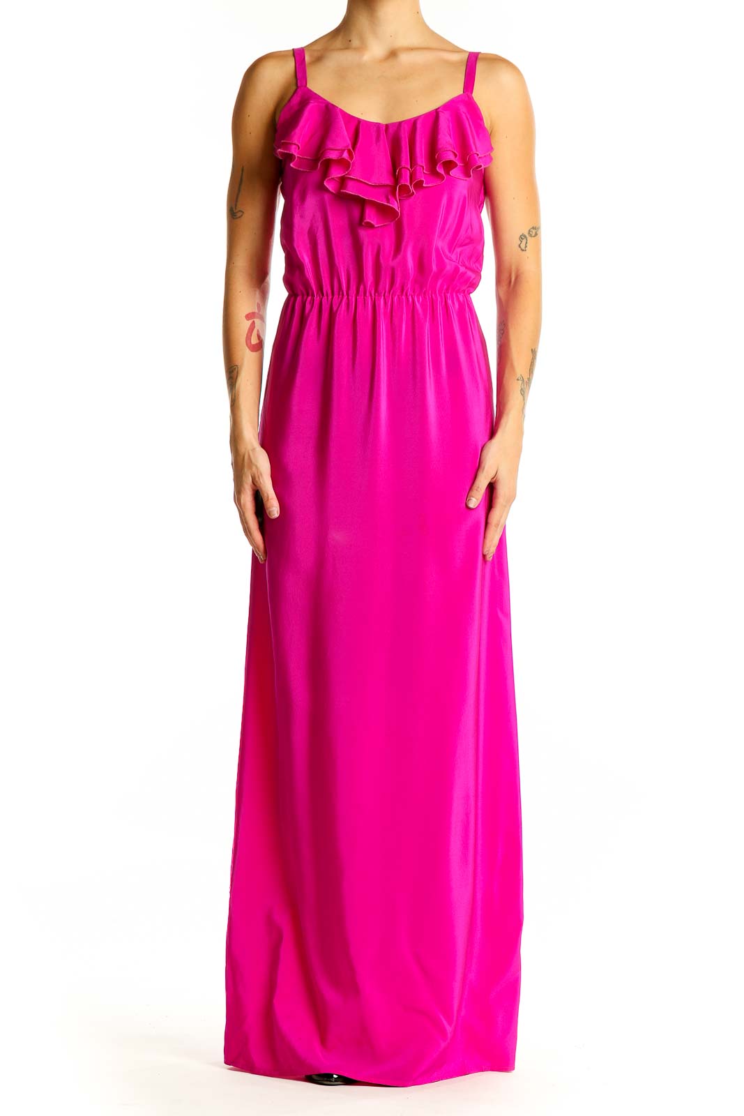 Hot Pink Silk Maxi Dress with Ruffled Neckline Front