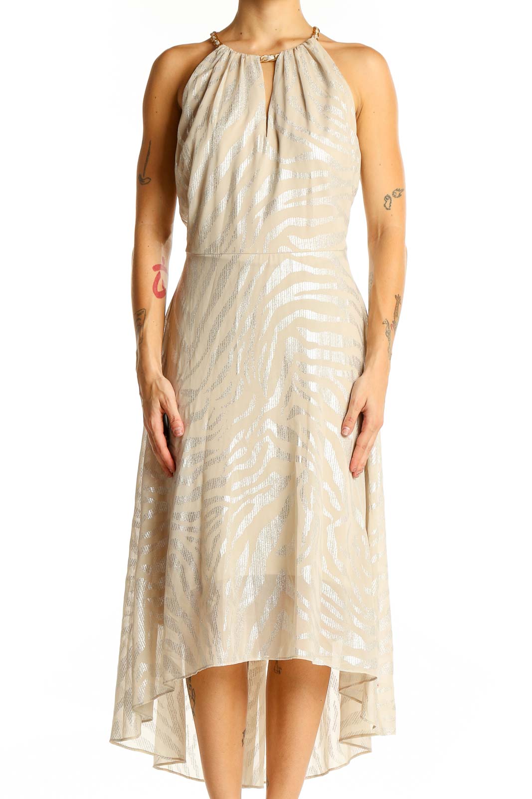 Beige Metallic Halter Neck Midi Dress Front
