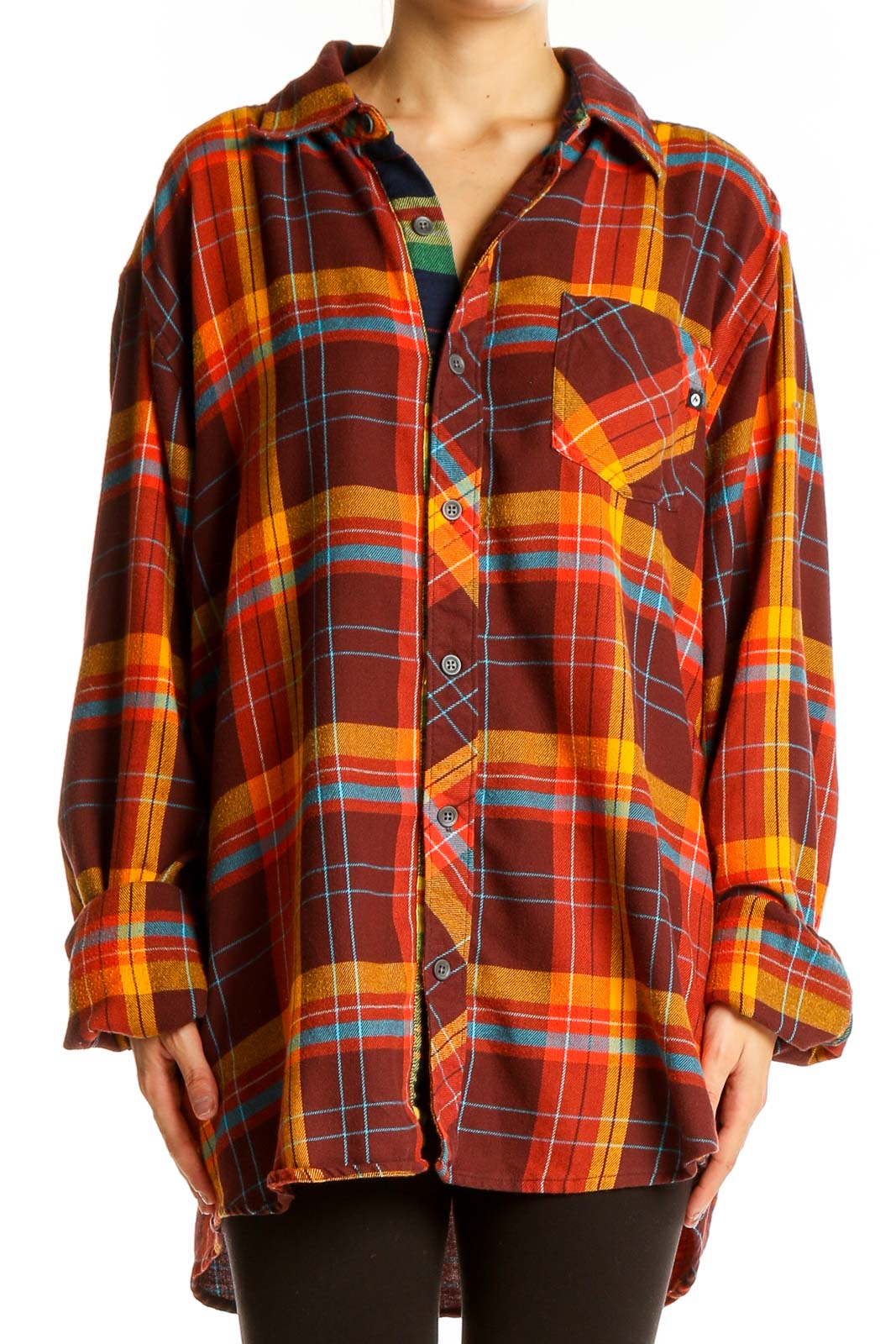 Orange Plaid Oversized Button-Down Shirt Front