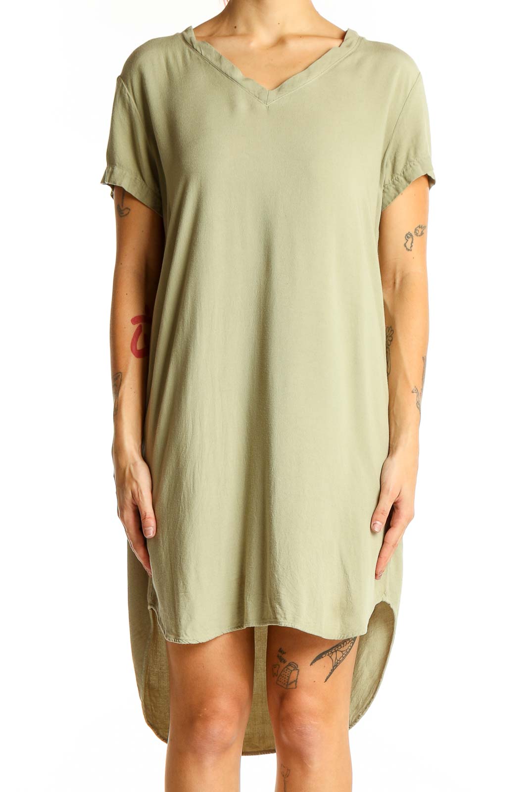 Sage High-Low V-Neck Rayon Dress Front