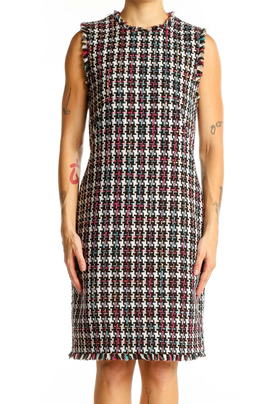 Multicolor Plaid Tweed Sleeveless Dress Front