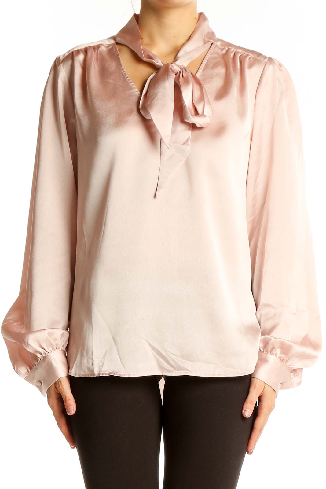 Blush Pink Satin Tie-Neck Blouse Front