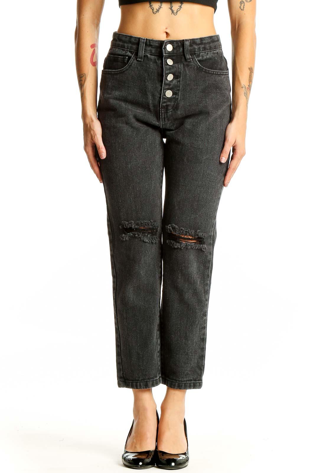 Black Distressed High-Waisted Straight Leg Jeans Front