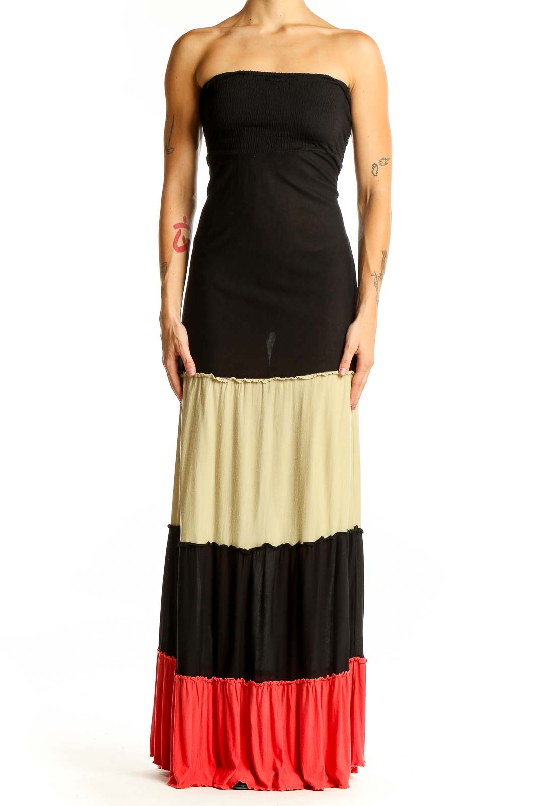 Black Colorblock Strapless Maxi Dress Front