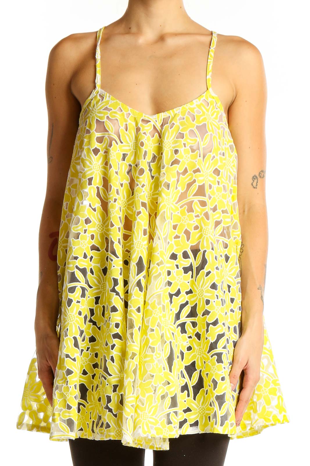Yellow Floral Lace Swing Cami Top Front