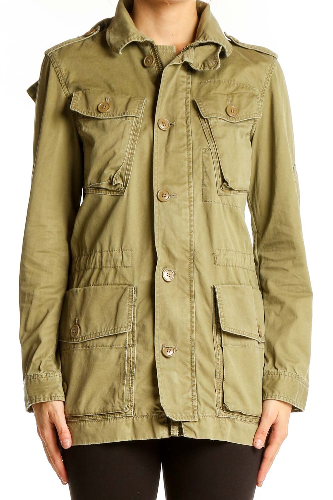 Olive Military-Inspired Cotton Jacket Front