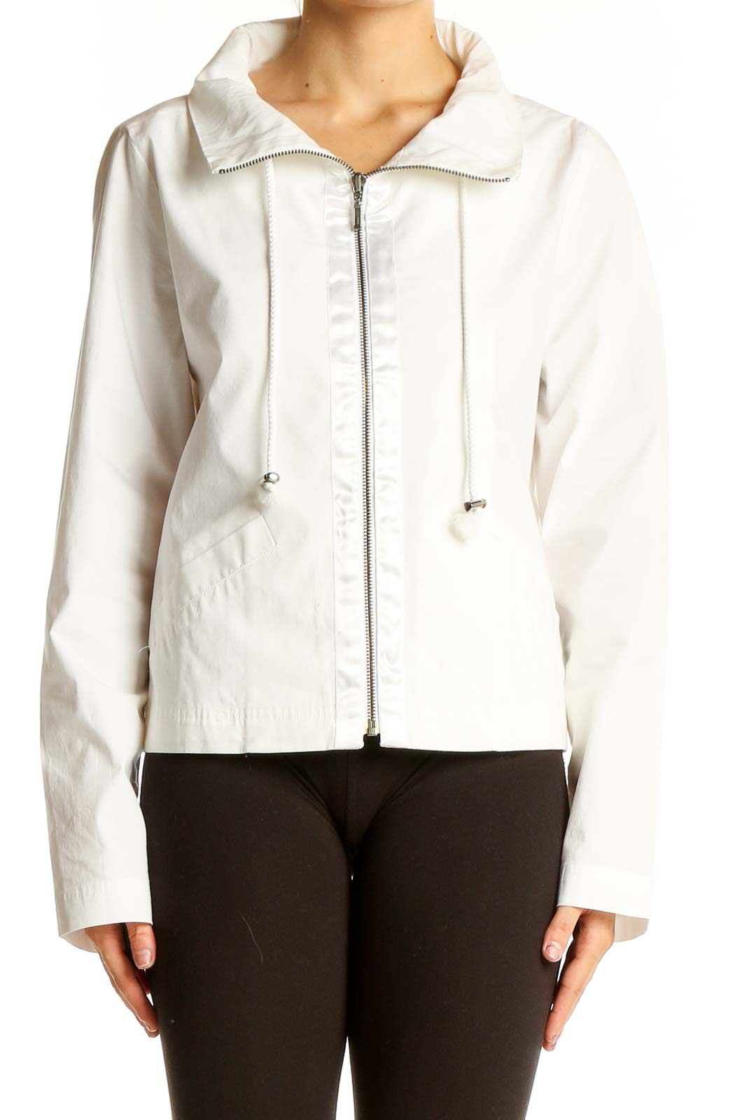 White Cotton Blend Zip-Up Jacket Front
