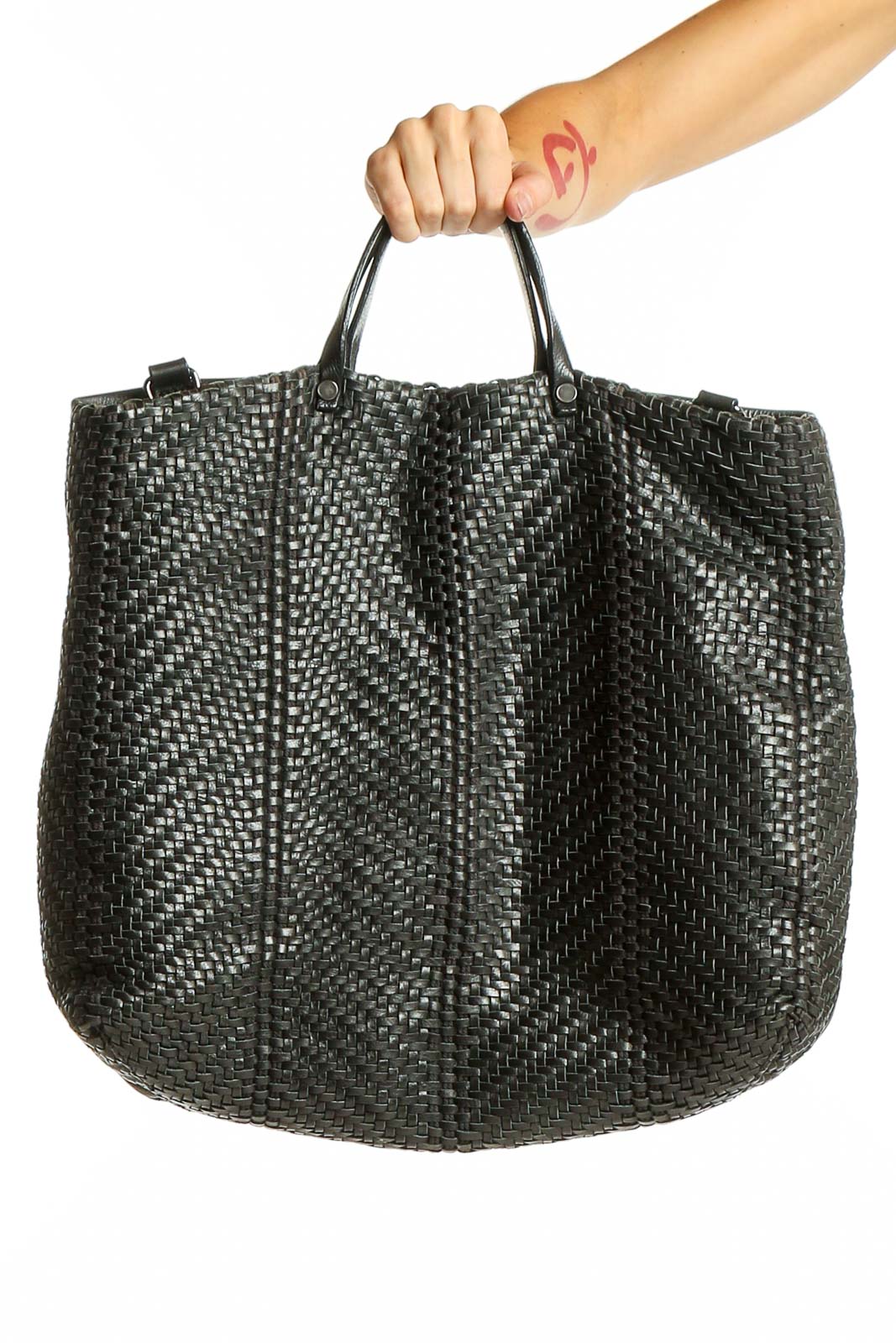 Black Woven Leather Tote Bag Front
