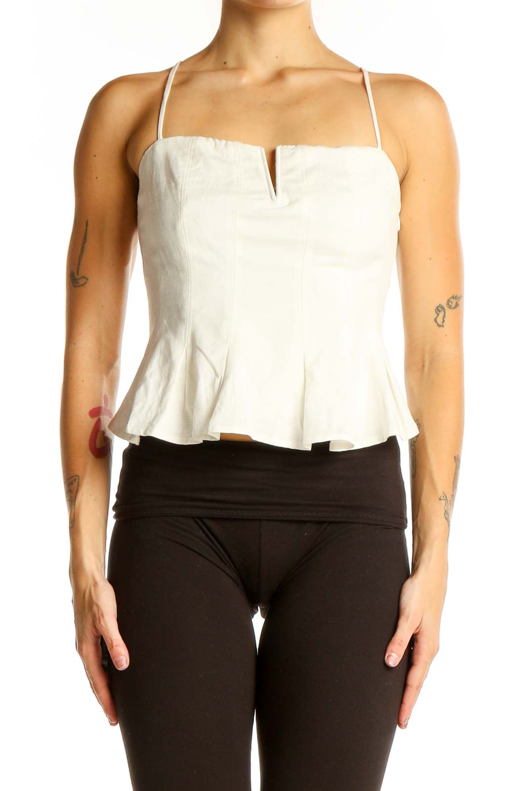 White Linen Blend Peplum Crop Top Front