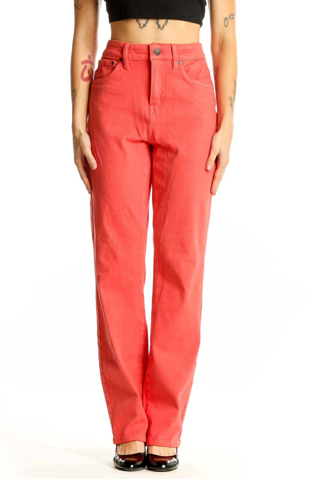 Coral High-Waisted Straight Leg Jeans Front