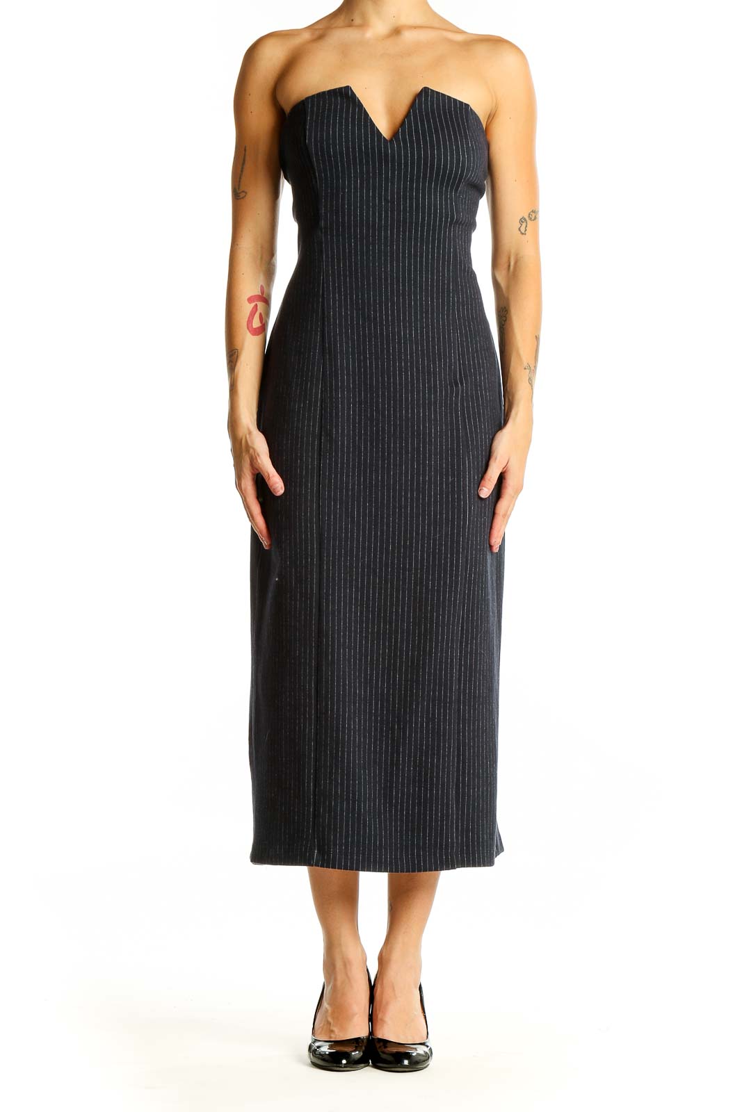 Charcoal Pinstripe Strapless Midi Dress Front