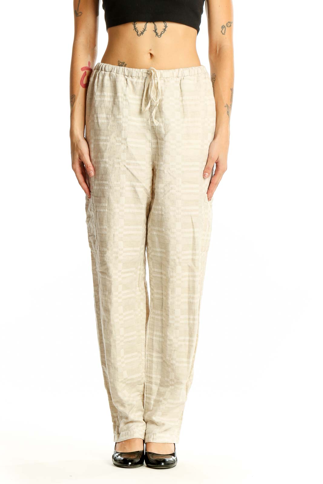 Beige Cotton-Linen Blend Relaxed Fit Pants Front