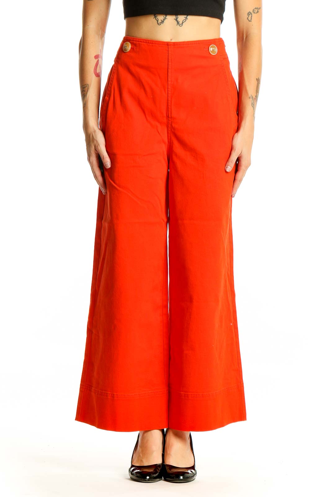 Red Wide-Leg Cotton Blend Pants Front