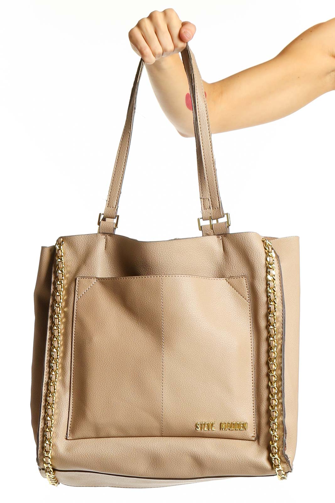 Beige Chain-Accented Tote Bag Front