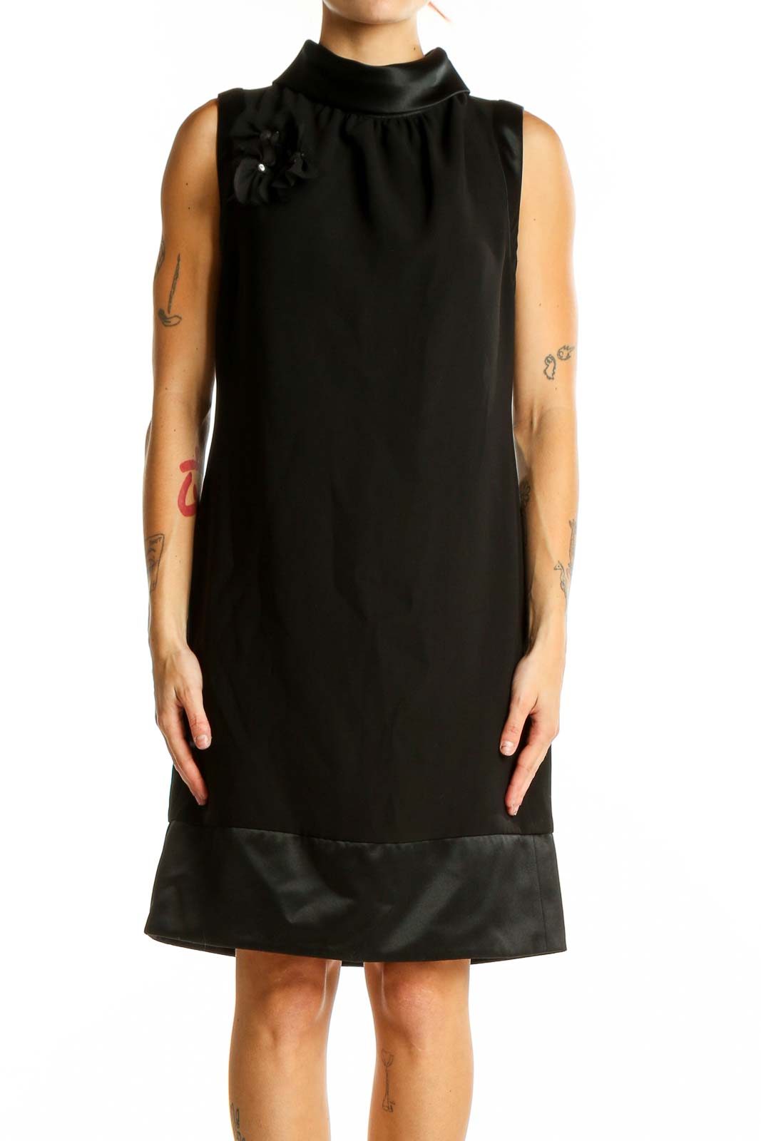 Black Sleeveless Mock Neck Shift Dress Front