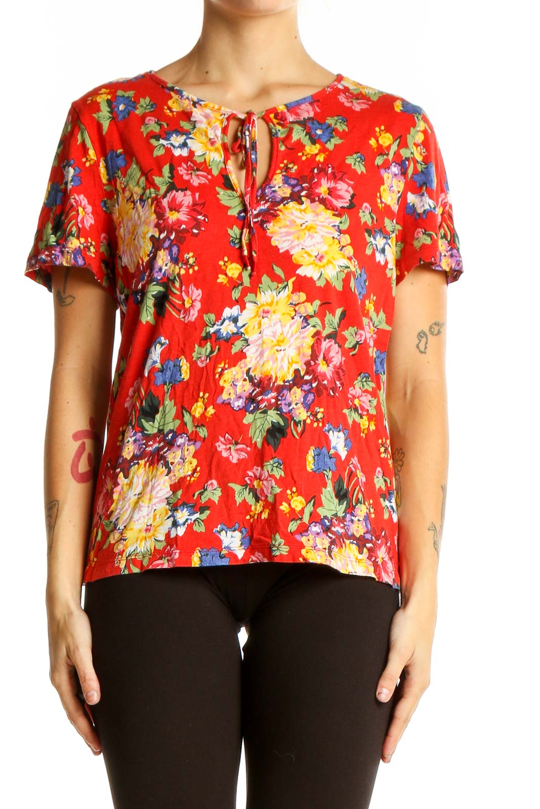 Red Floral Short-Sleeve Blouse Front