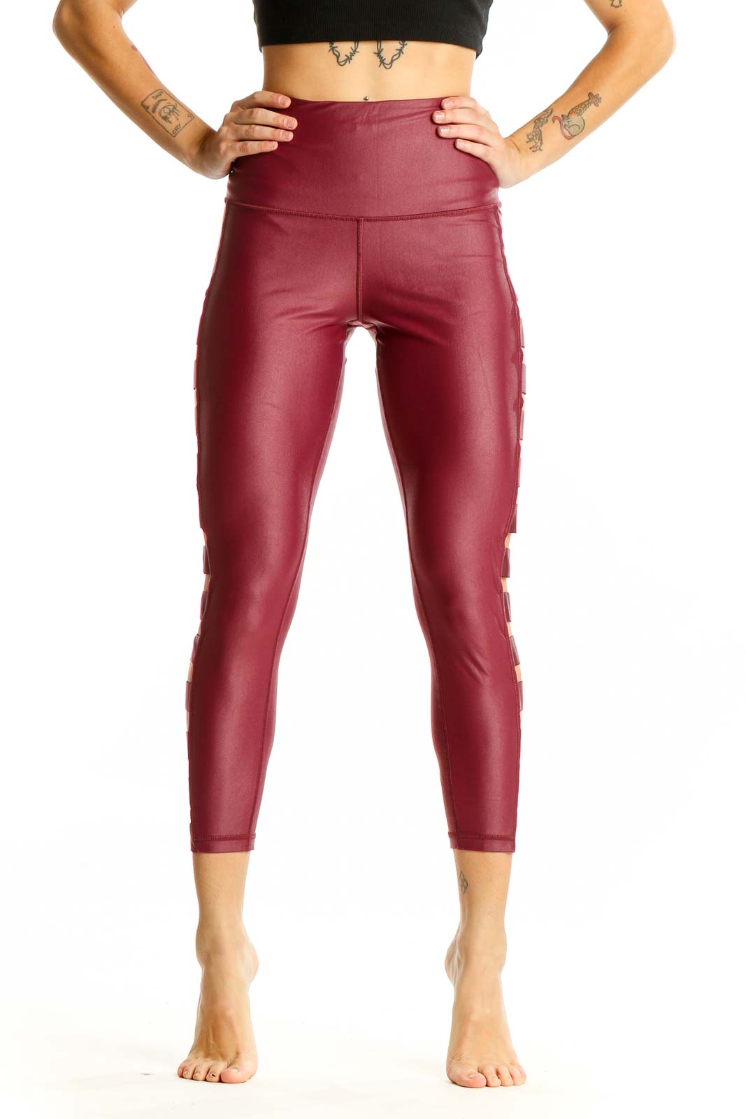 Burgundy High-Waisted Cutout Leggings Front