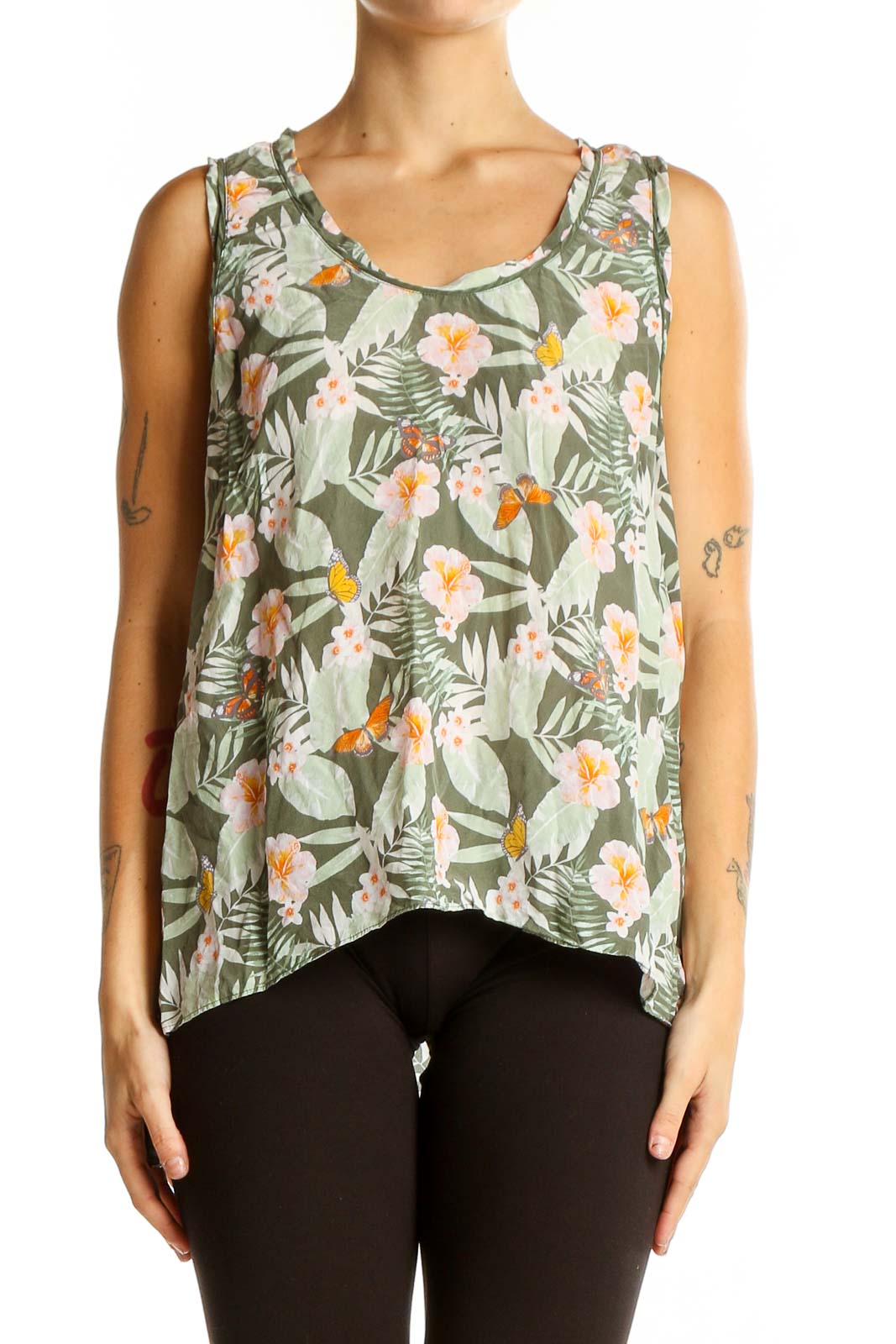 Green Floral Silk Sleeveless Top Front