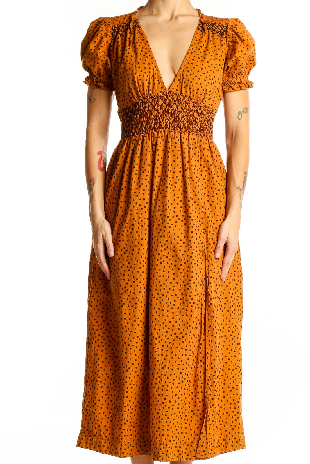 Orange Polka Dot Midi Dress Front
