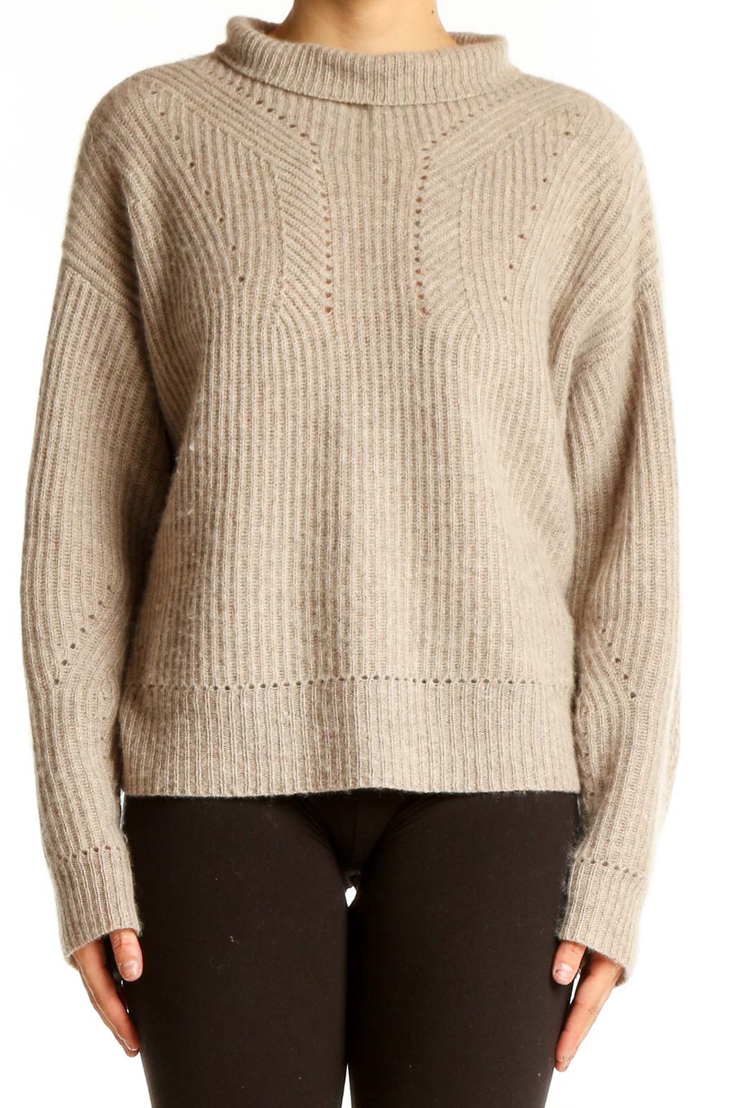 Beige Ribbed Cashmere Mock Neck Sweater Front