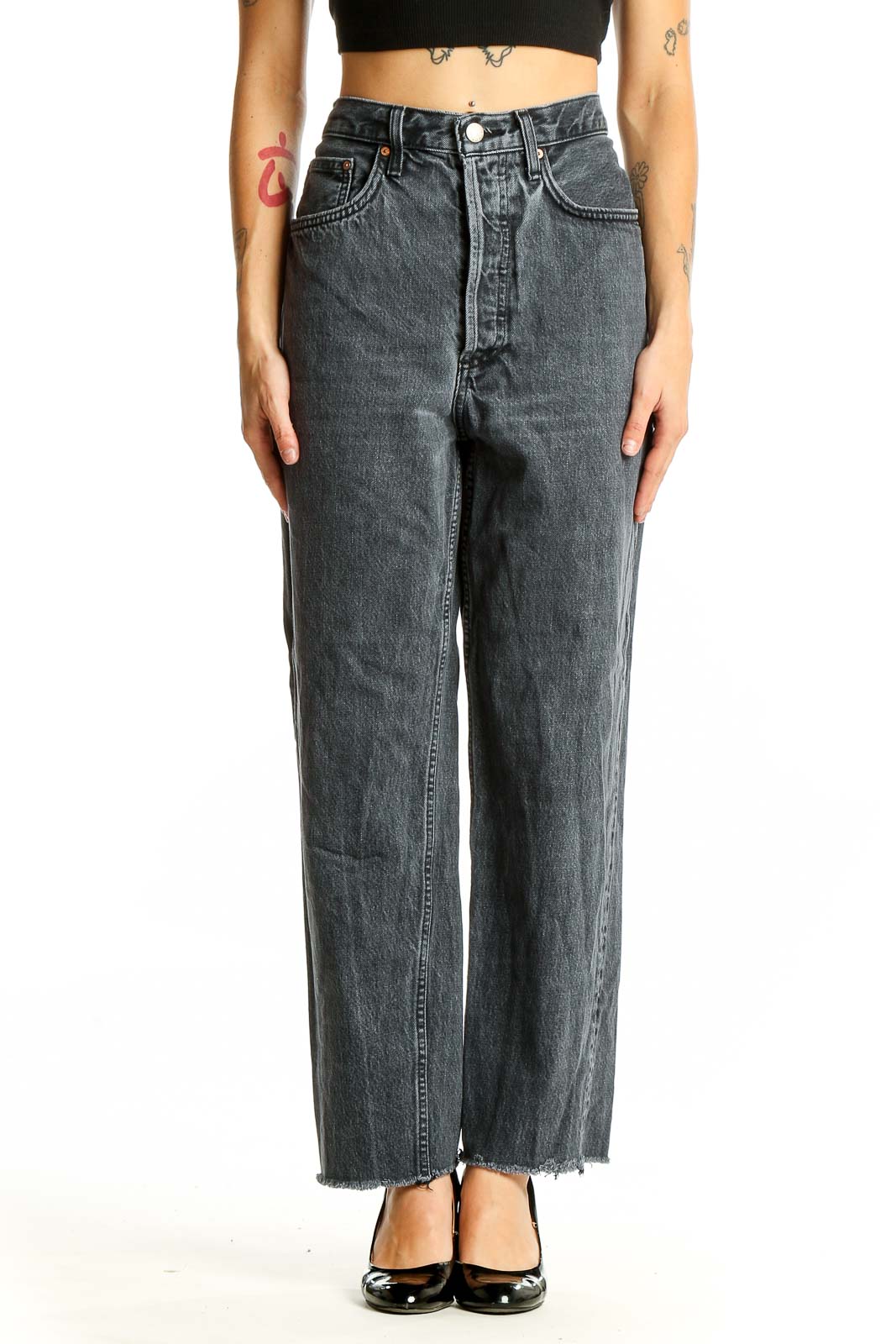 Charcoal Gray High-Waisted Wide-Leg Jeans Front
