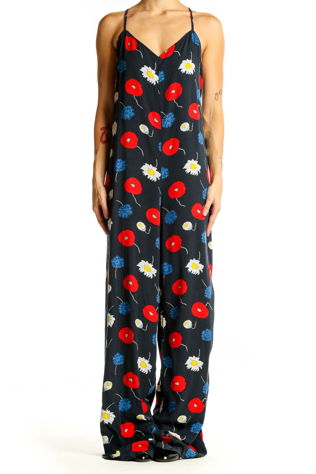 Black Floral Print Jumpsuit Front