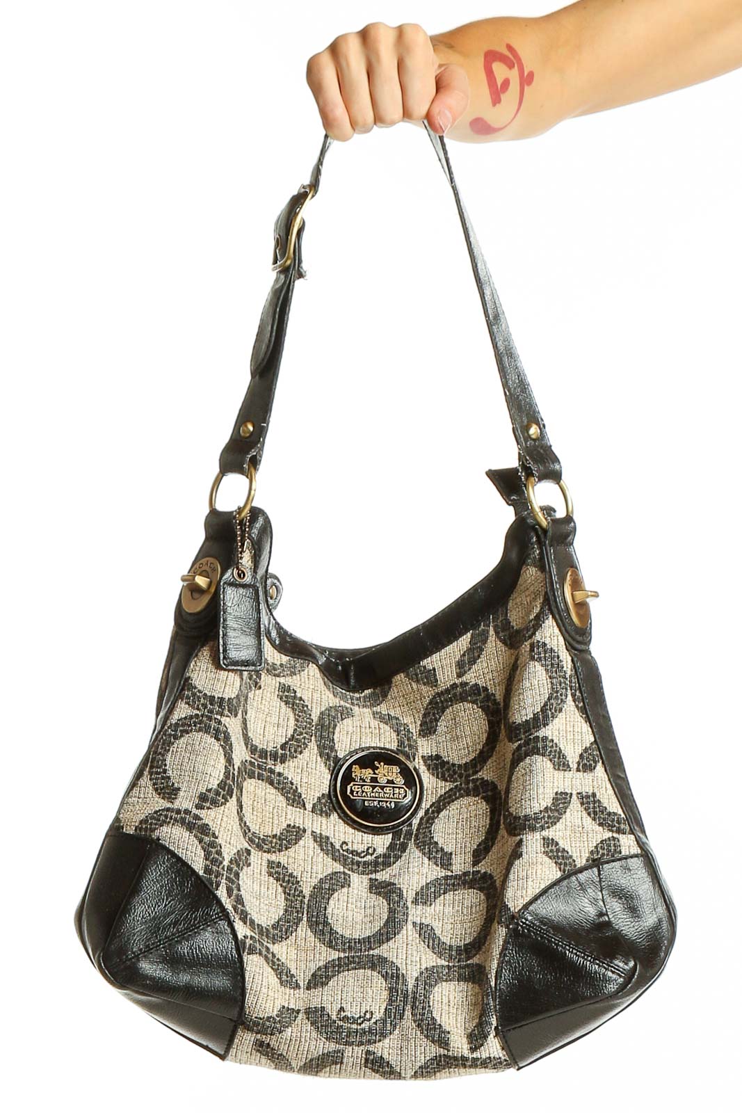 Black and Beige Signature Print Hobo Bag Front