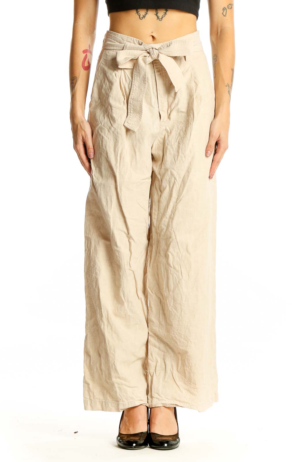 Beige Linen Wide-Leg Pants with Tie Waist Front