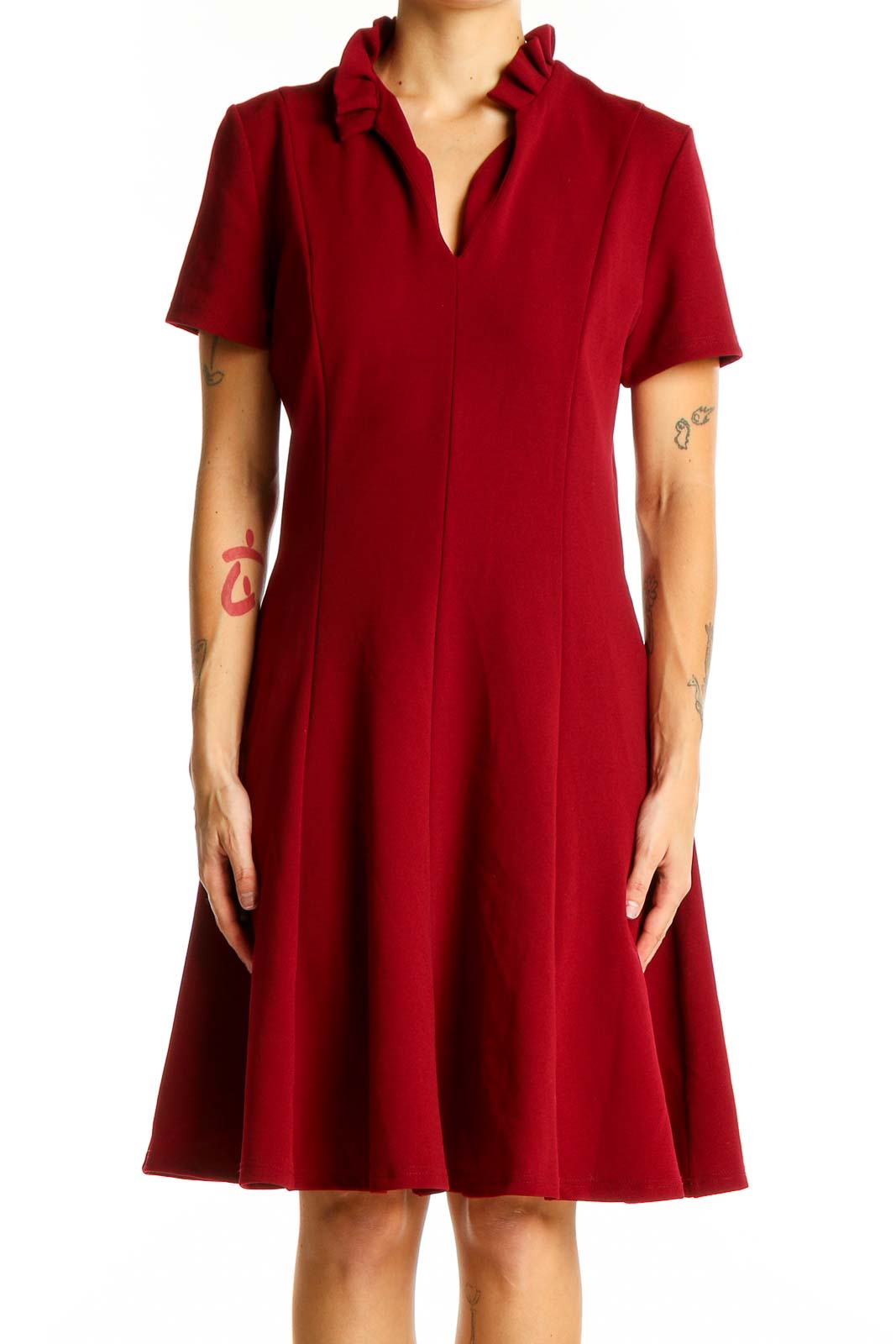 Red Ruffled Collar A-Line Dress Front