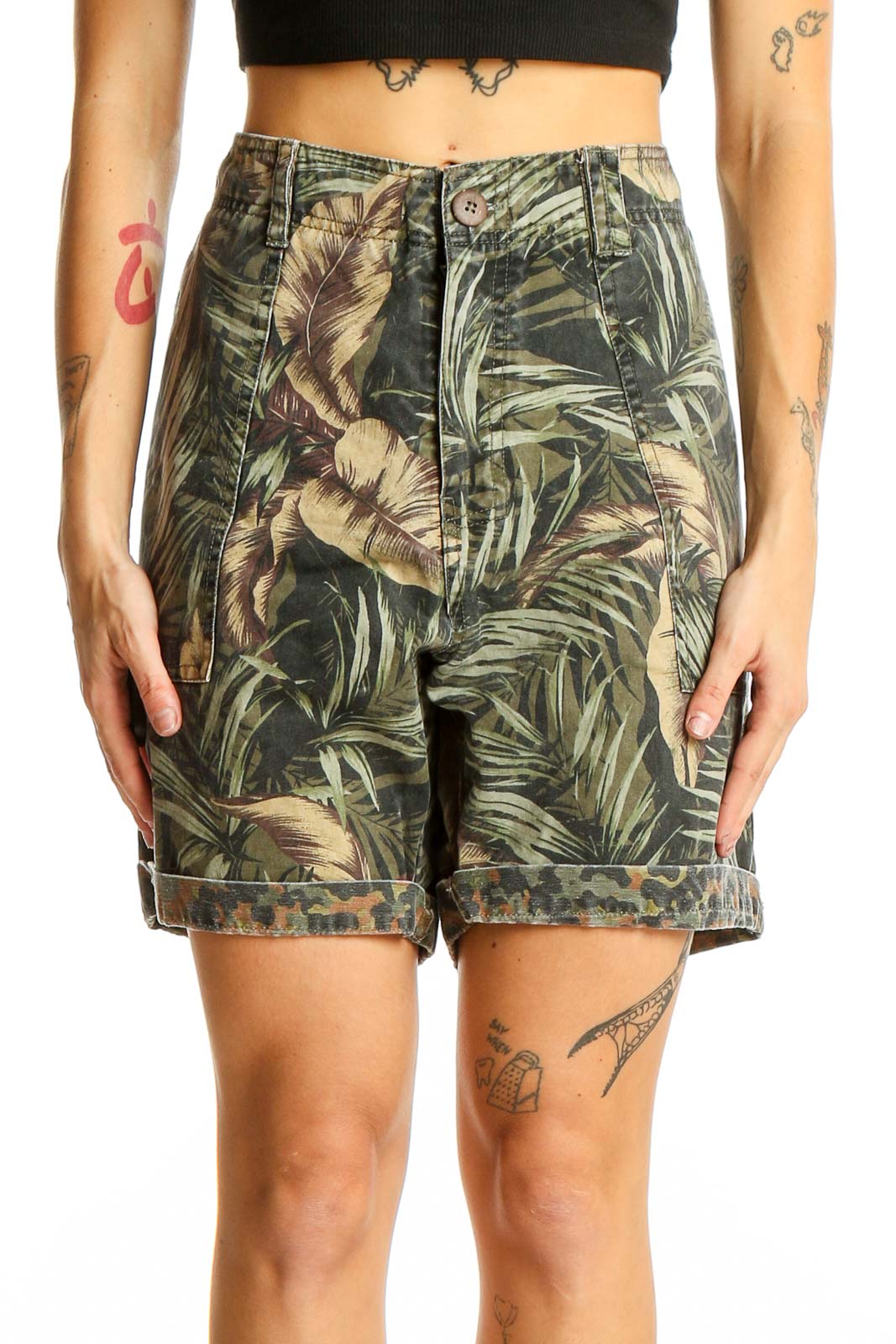 Green Tropical Print Cotton Shorts Front
