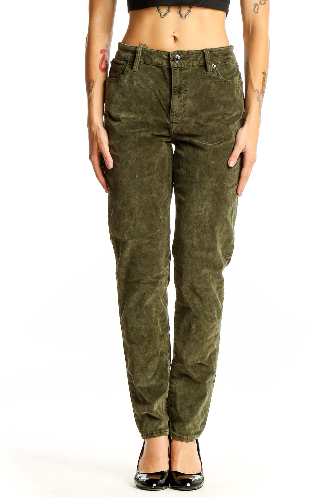 Olive Green Corduroy Straight Leg Pants Front