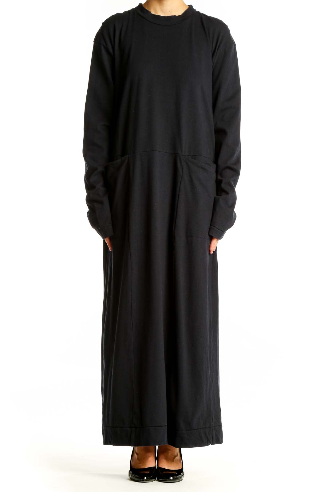 Black Cotton Long Sleeve Maxi Dress Front