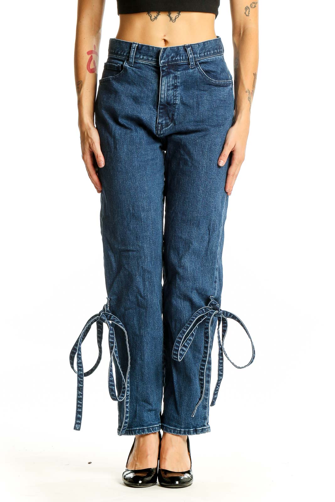 Blue Denim Tie-Ankle Jeans Front