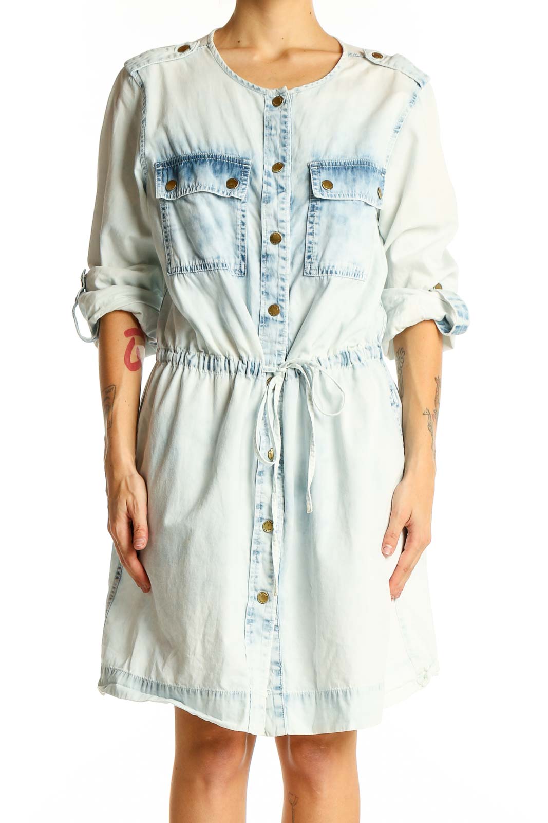 Light Blue Denim Button-Up Shirt Dress Front