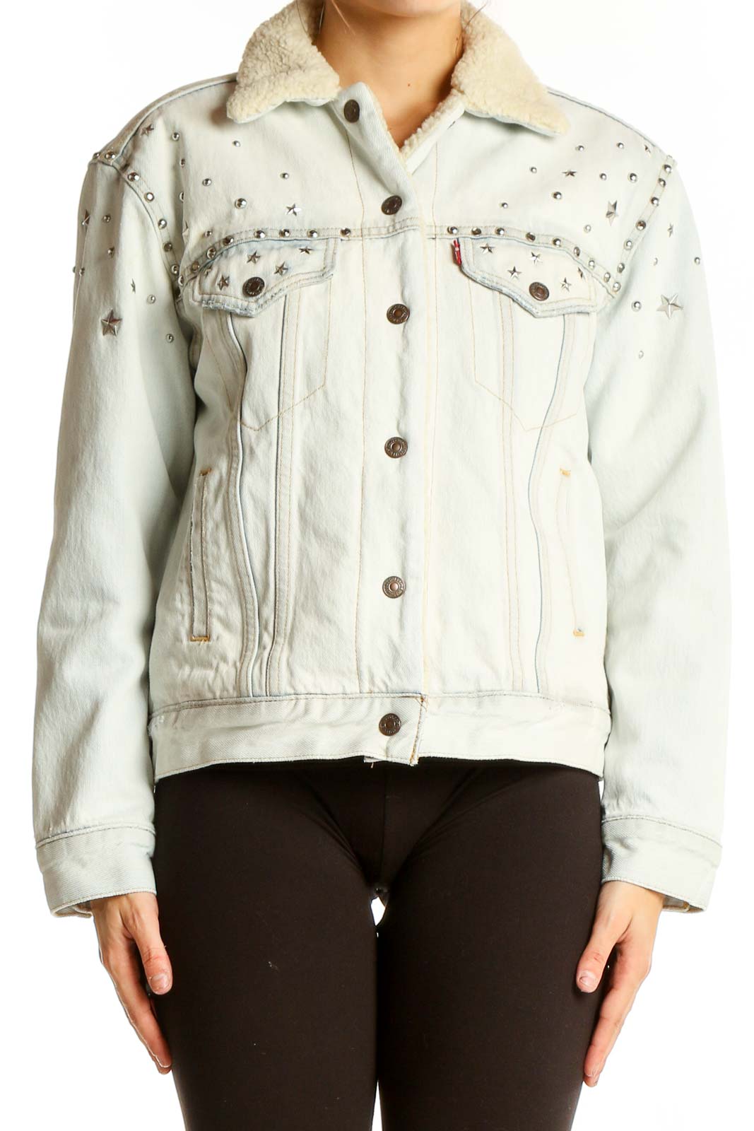 Light Blue Studded Denim Jacket Front