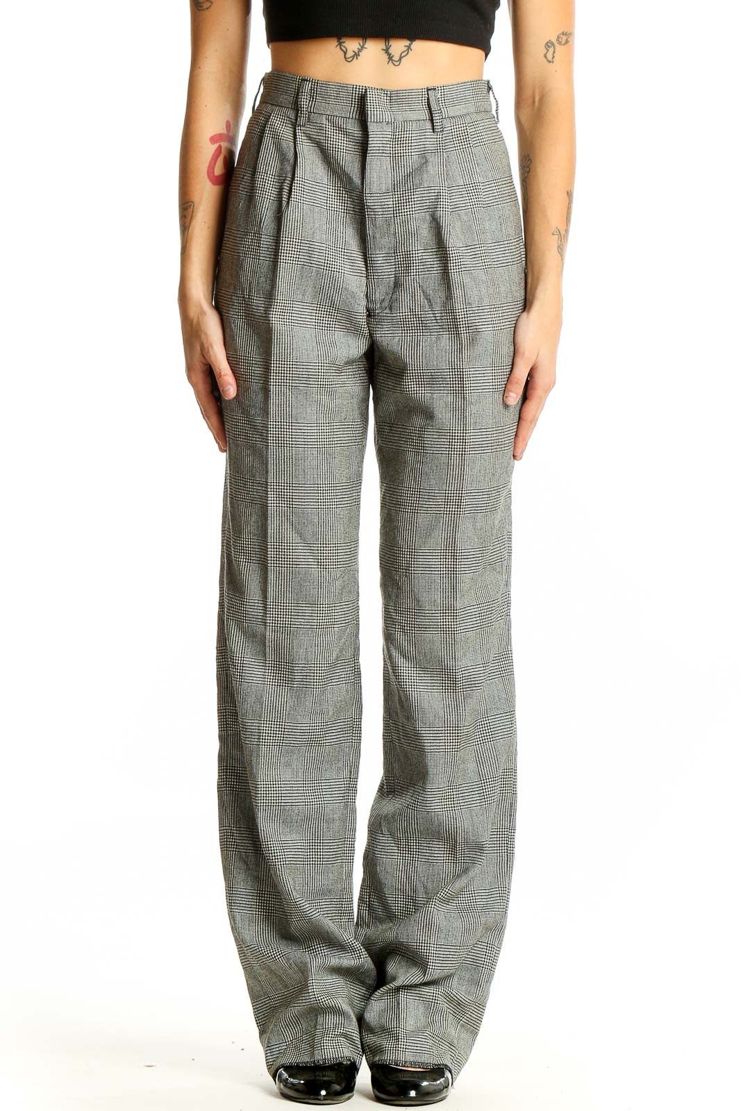 Gray Plaid Wide-Leg Trousers Front