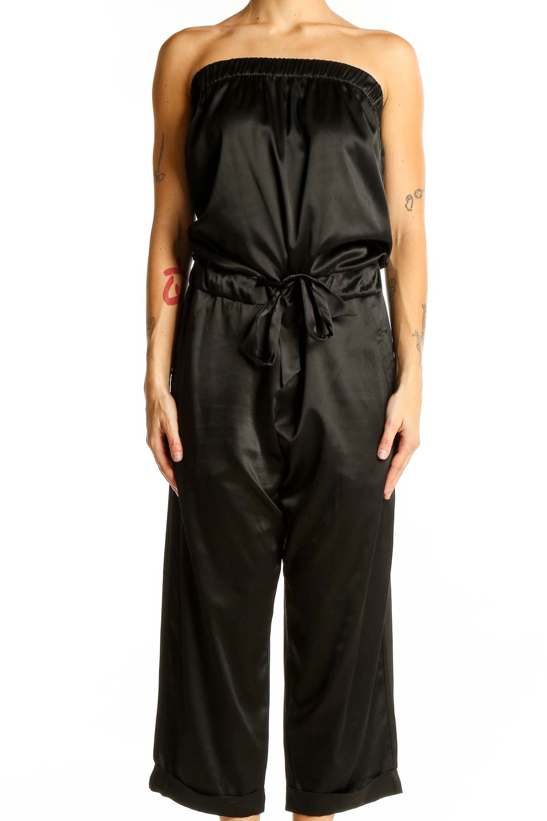 Black Strapless Satin Jumpsuit Front