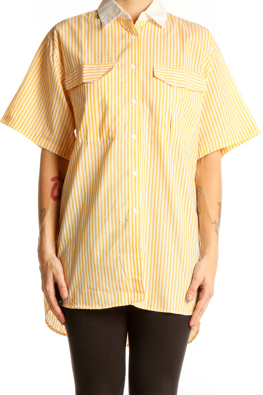 Yellow Striped Cotton-Blend Button-Up Shirt Front