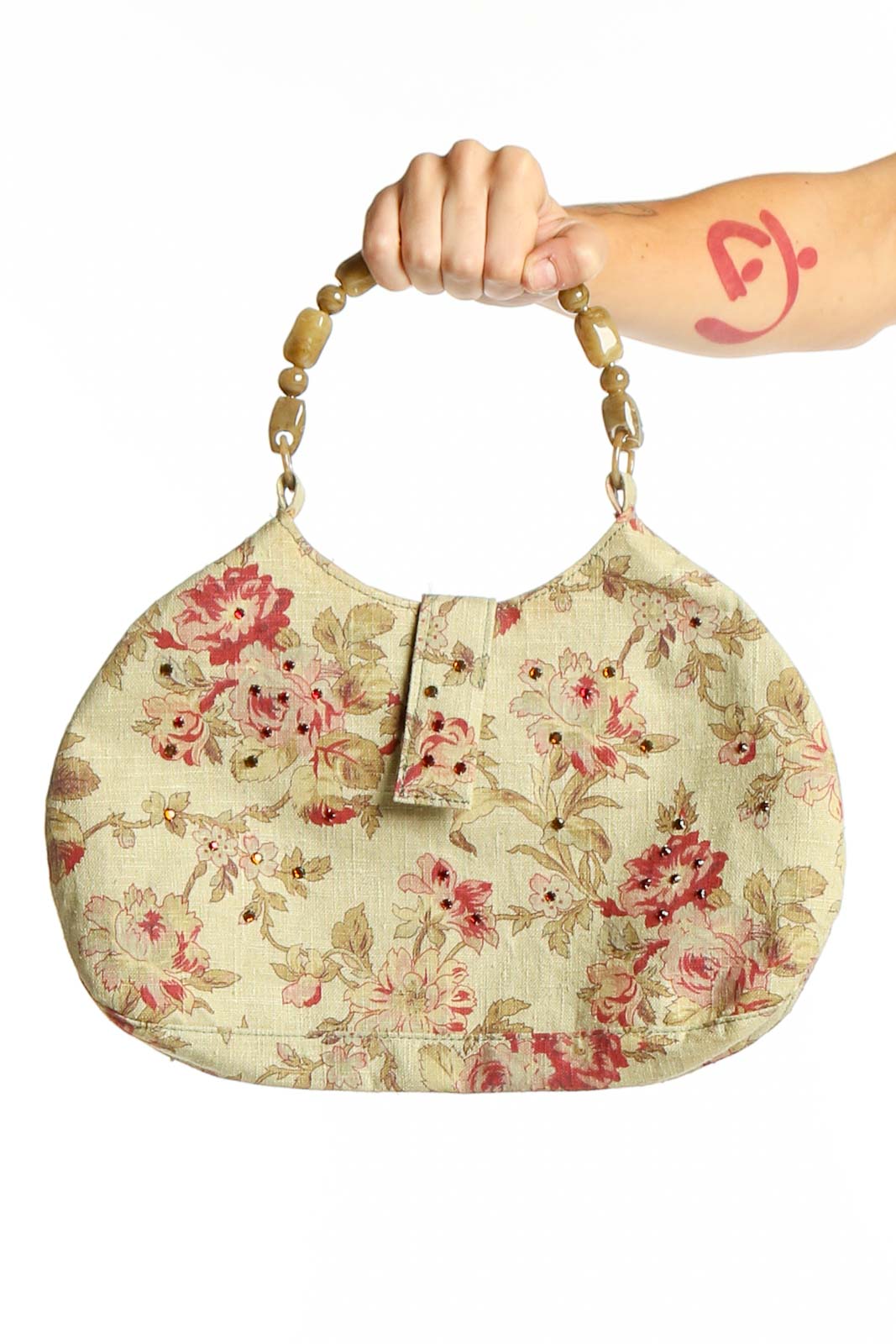 Beige Floral Print Clutch Handbag Front