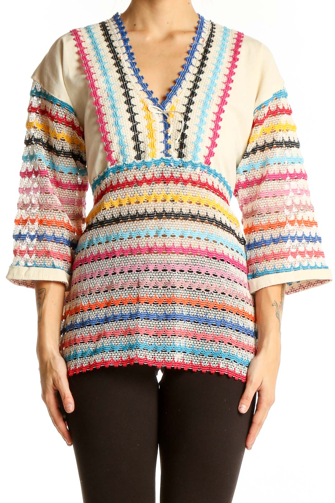 Multicolor Striped V-Neck Tunic Top Front
