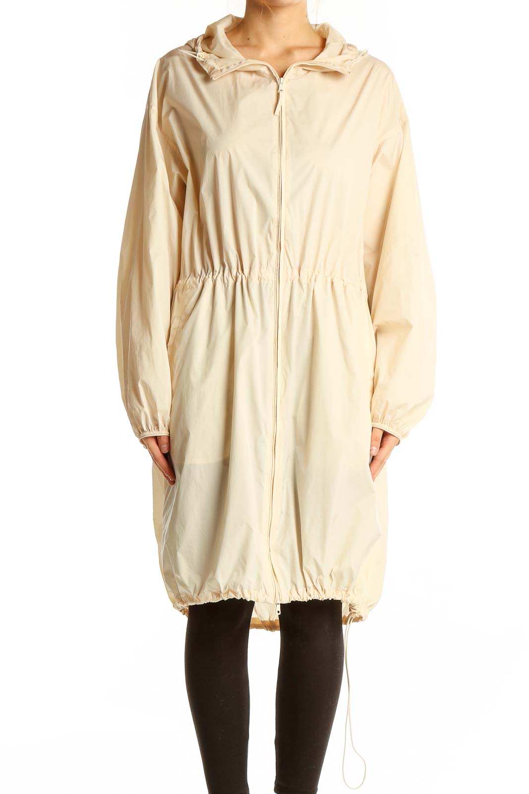 Beige Hooded Drawstring Parka Jacket Front