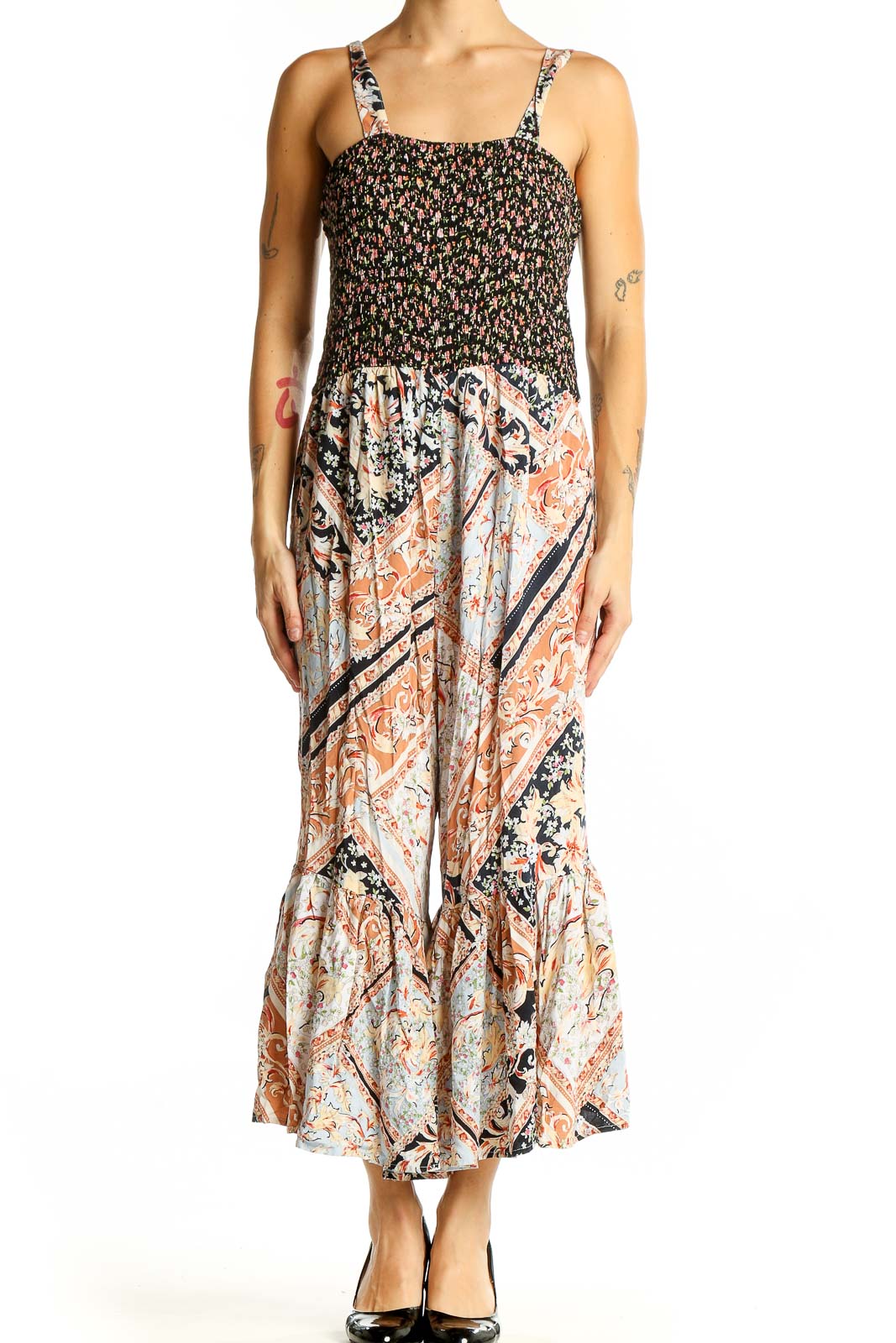 Black Floral Smocked Jumpsuit Front