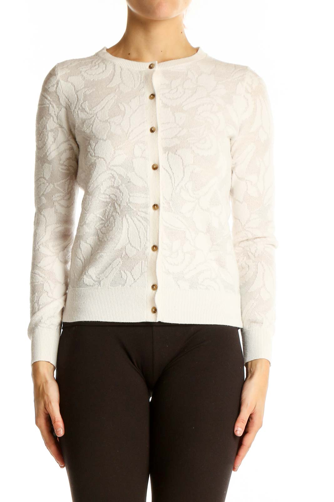 White Floral Textured Cardigan Front