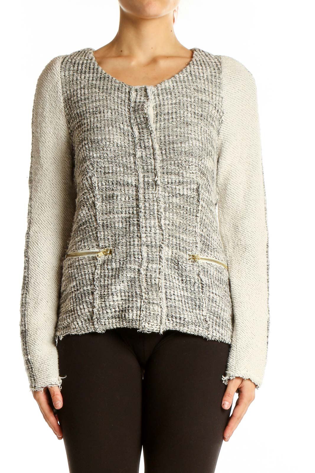 Gray Textured Knit Cardigan Front