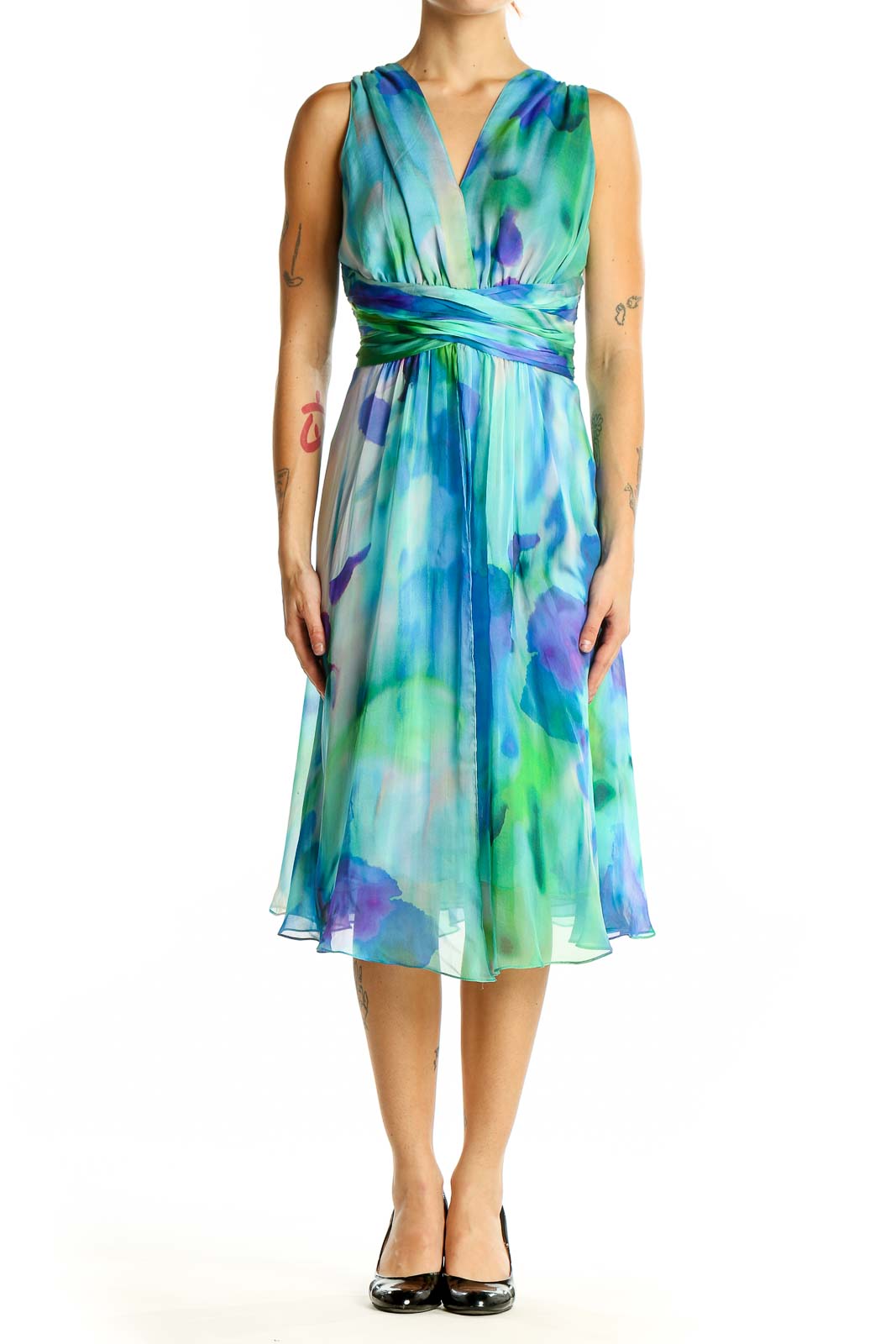 Blue and Green Watercolor Silk Cocktail Dress Front