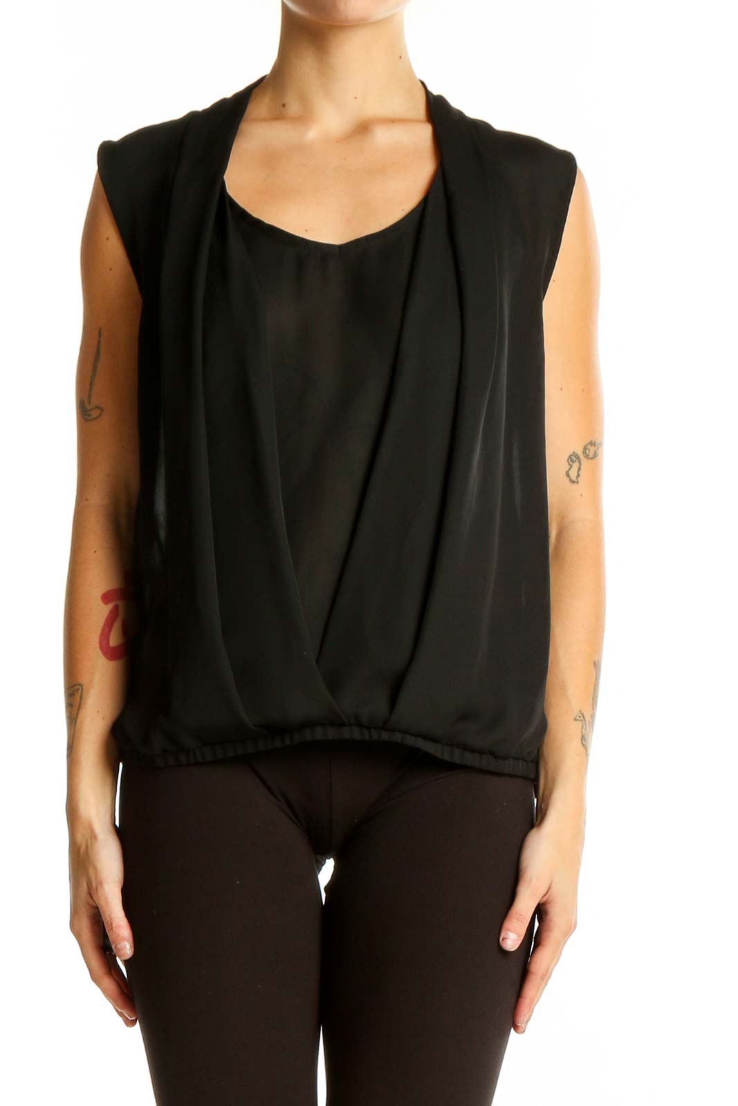 Black Sleeveless Draped Blouse Front